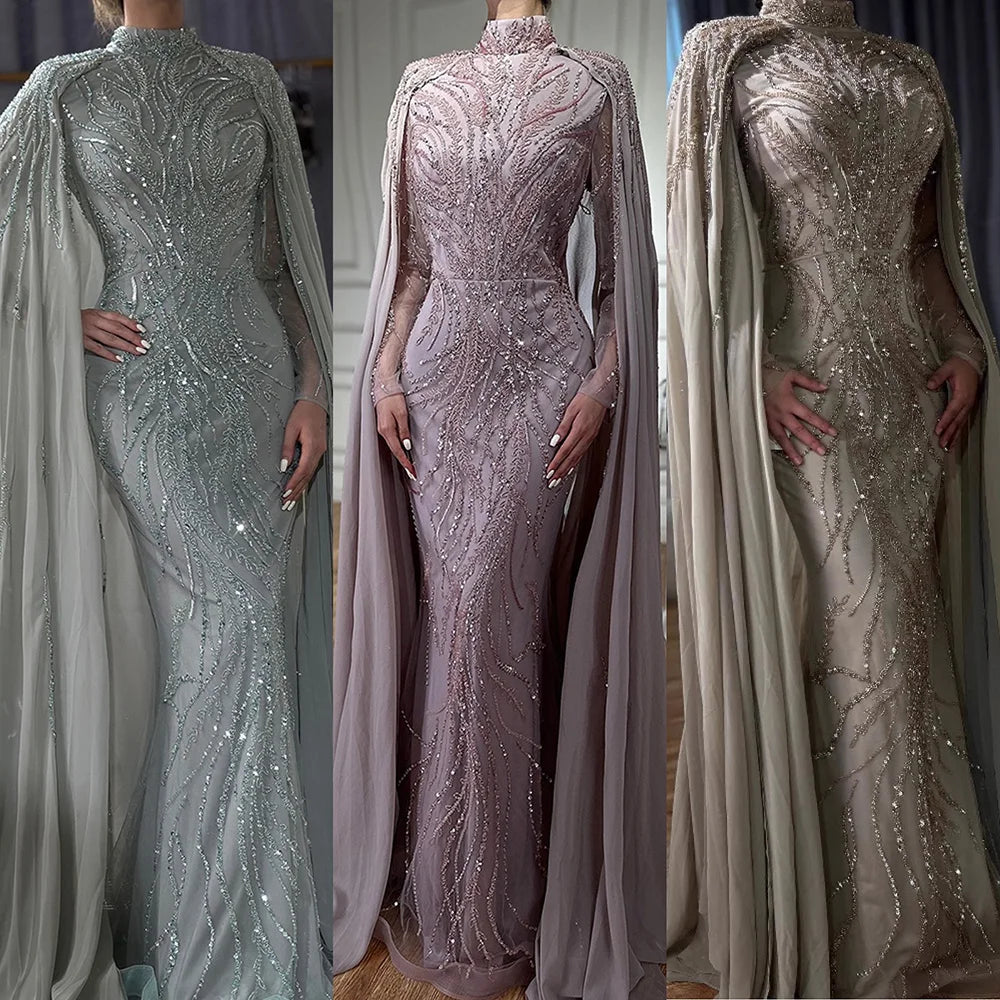 Modest Muslim Sage Green Evening Dress with Cape Long Sleeves LA72413A - SERENE HILL