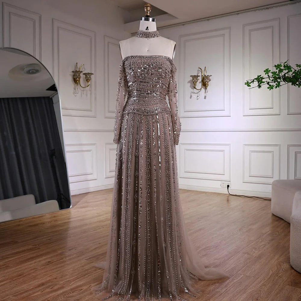 Luxury Caramel Off Shoulder Beaded Mermaid Evening Dress Long Sleeves LA73053 - SERENE HILL