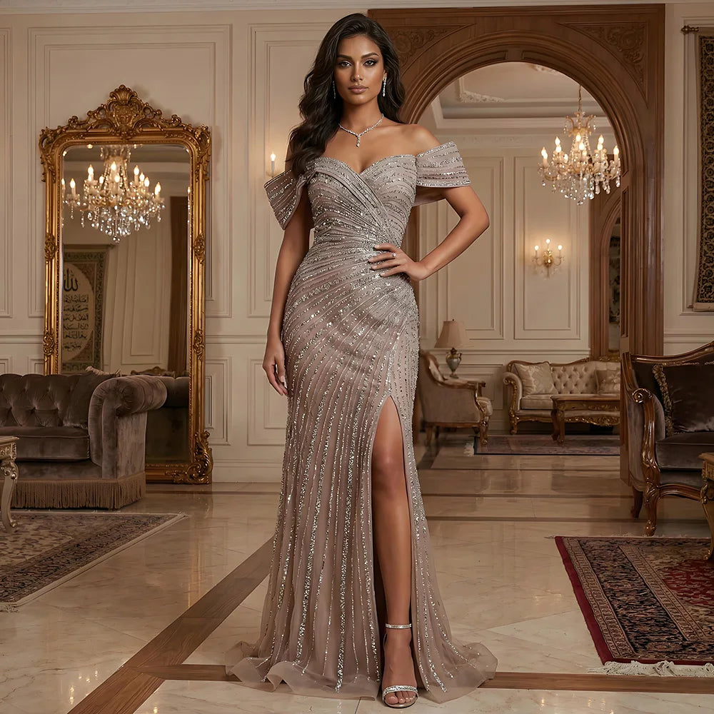 Luxury Dubai   Arabic Silver Nude Mermaid Beaded  Evening Dress with Split for Formal Occasion Saudi LA72481A - SERENE  HILL