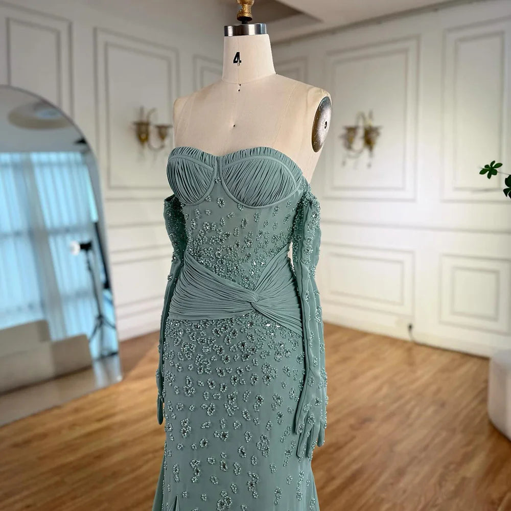Luxury Turquoise Beaded Evening Dress with Gloves LA72933 - SERENE HILL