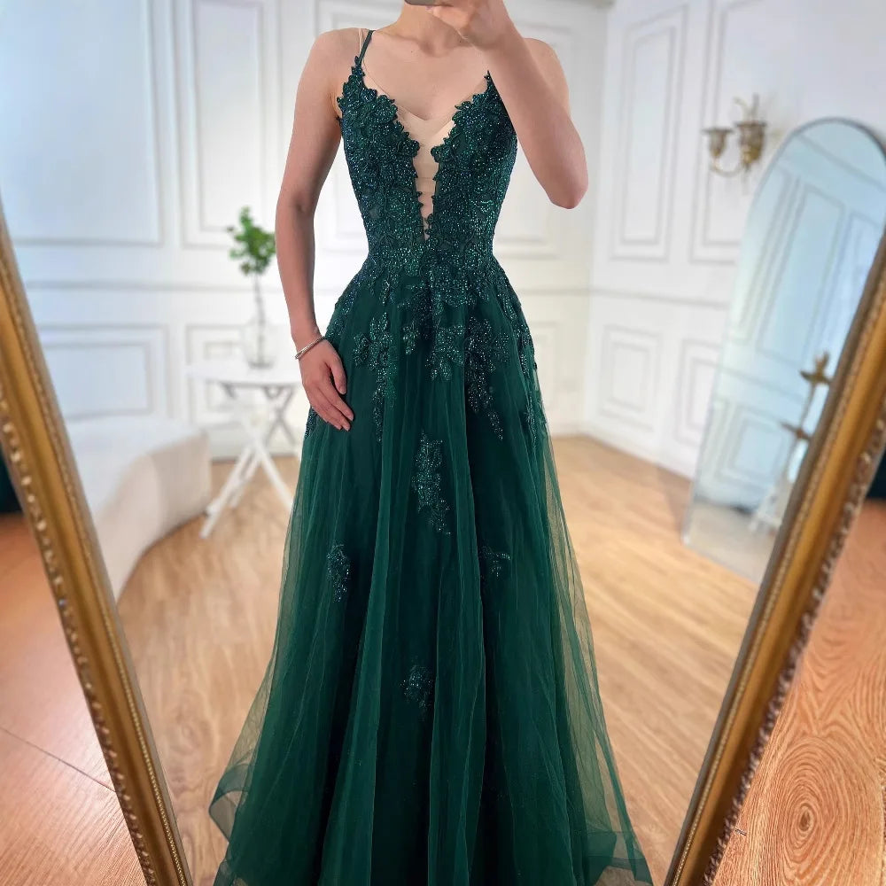 Luxury Sage Green Lace A-Line Prom Dress with Spaghetti Straps LA73005 - SERENE HILL