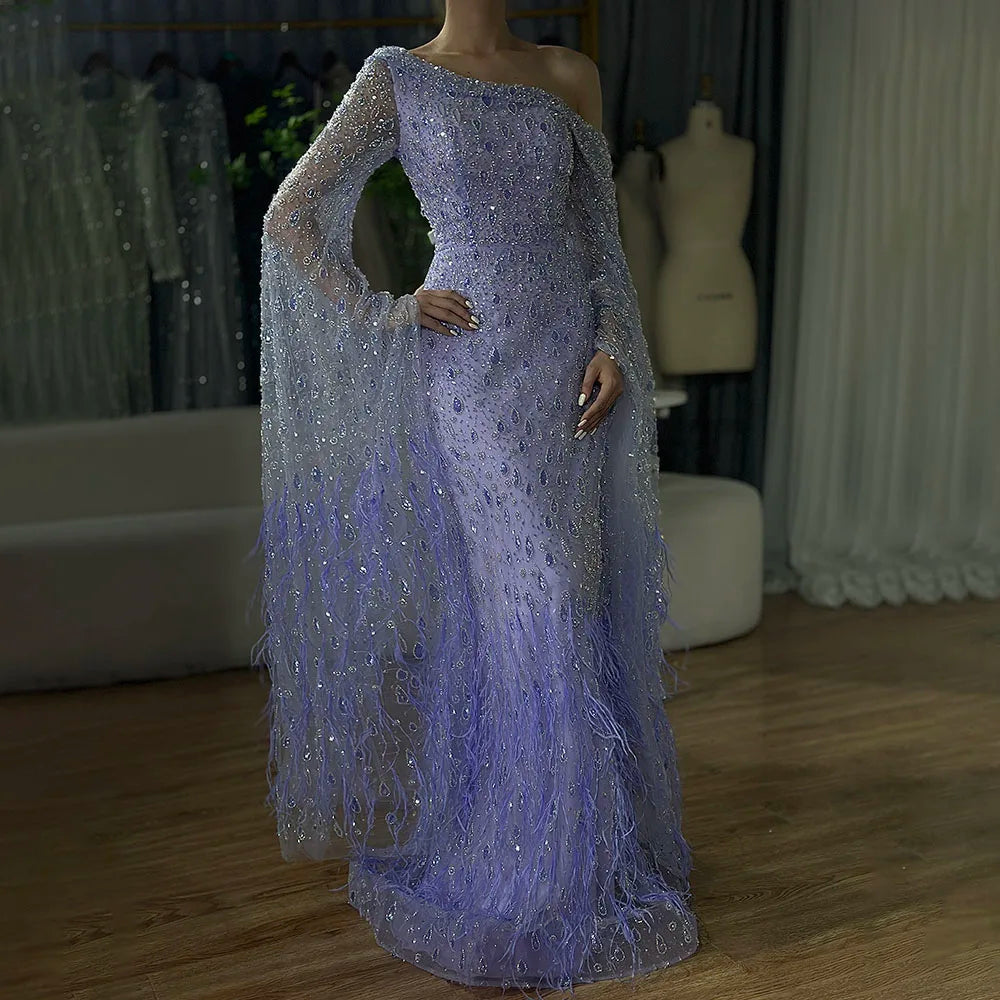 Luxury Feather One Shoulder Evening Dress with Cape Sleeves LA72763 - SERENE HILL