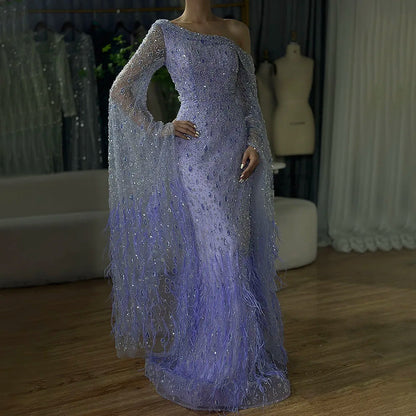 Luxury Feather One Shoulder Evening Dress with Cape Sleeves LA72763 - SERENE HILL