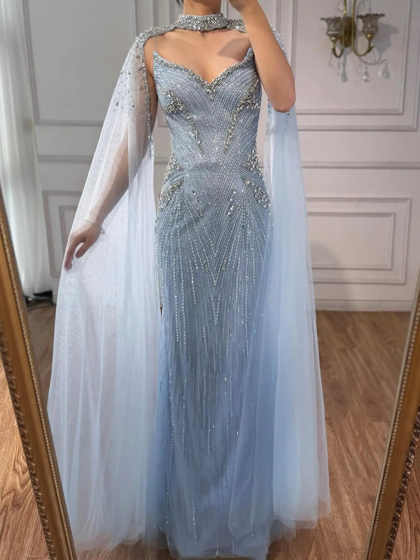 Luxury Arabic Nude Beaded Evening Dress with Cape Sleeves LA73173 - SERENE HILL
