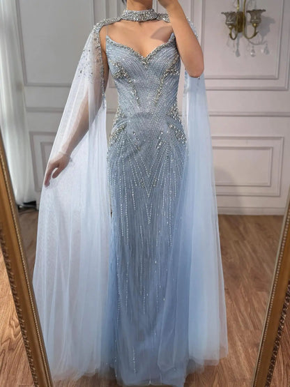Luxury Arabic Nude Beaded Evening Dress with Cape Sleeves LA73173 - SERENE HILL