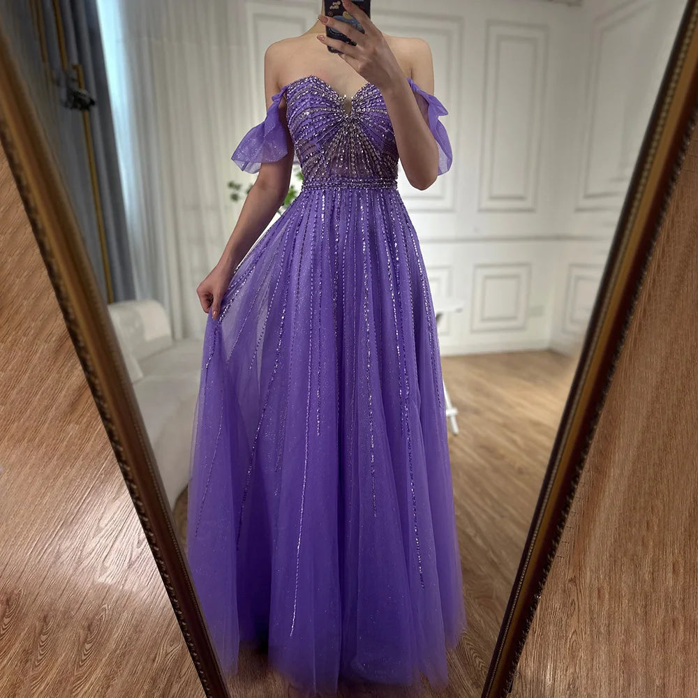 Serene Hill Arabic Elegant Peach Beaded A-Line Evening Gown 2025 Boat Neck Luxury Dress for Women Long Party Dress LA72324 Peach / 2
