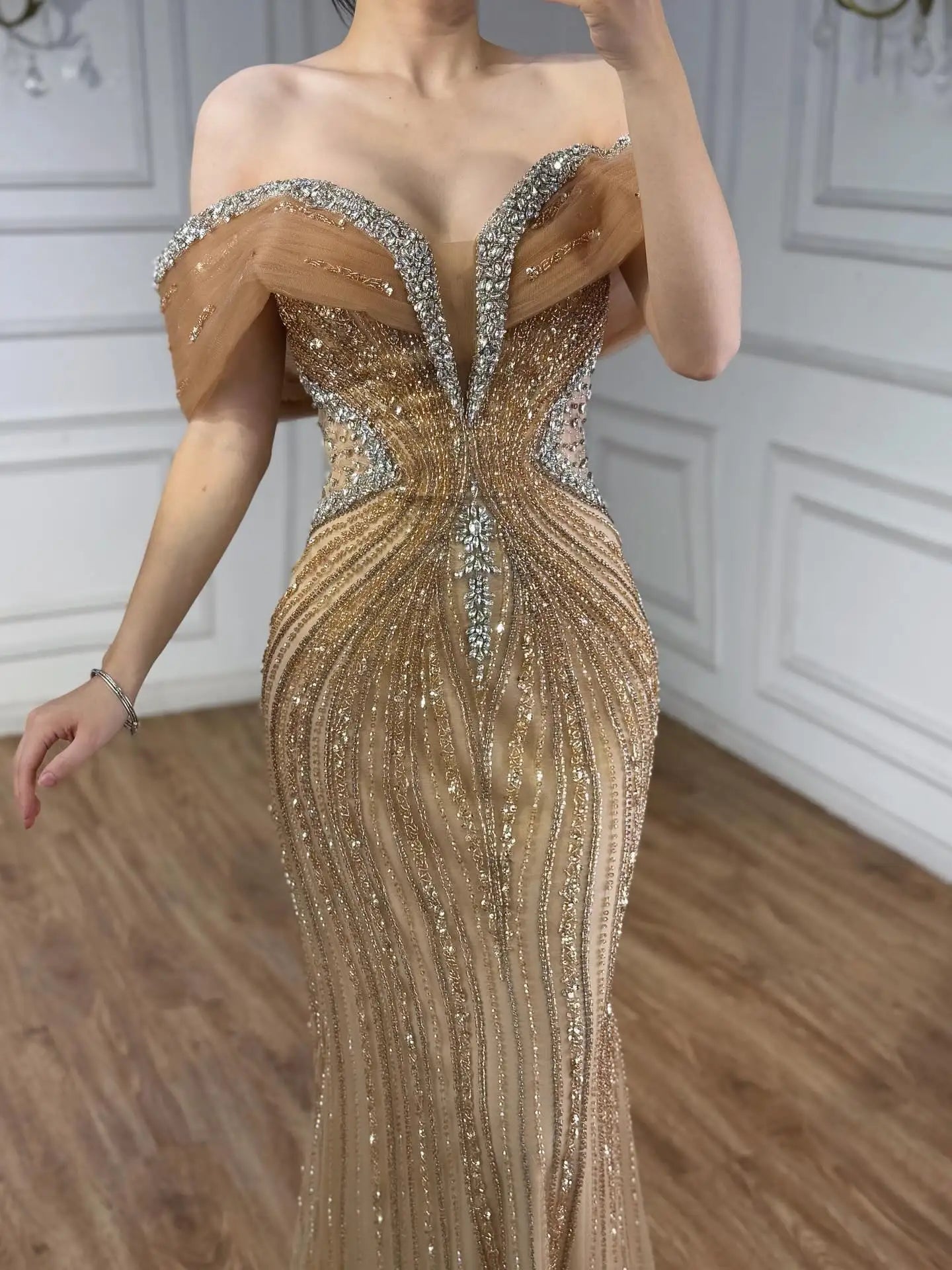 Luxury Saudi Arabic Gold Luxury Crystal Beaded Mermaid Evening Dress LA73142A - SERENE HILL