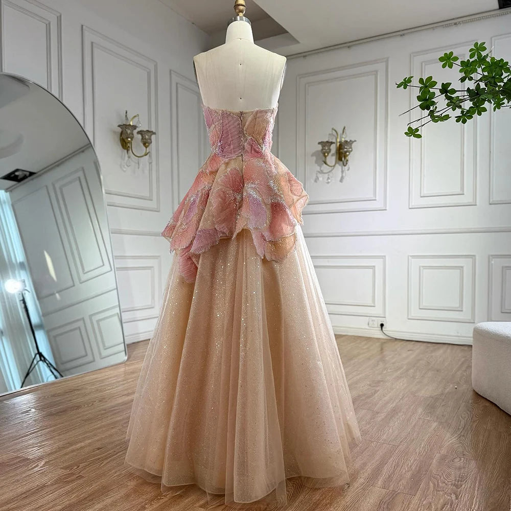 Luxury Peach Floral Appliqué A-Line Sparkly Evening Dress LA73185 - SERENE HILL