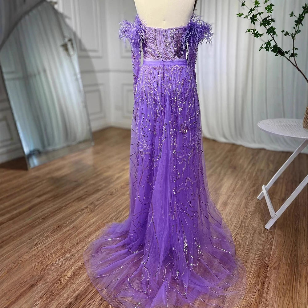 Luxury Arabic Nude Mermaid High Split Feather Beaded Evening Dress LA71910 - SERENE HILL