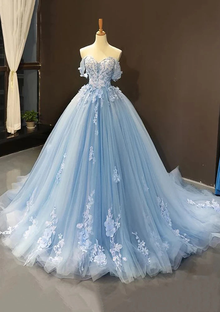 Serene Hill Arabic Blue Ball Gown Off-the-Shoulder Tulle Prom Dress with Appliqués for Women&