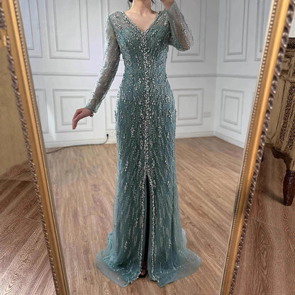 Luxury Turquoise Crystal Beaded Evening Dress Elegant Slit Gown LA73179 - SERENE HILL