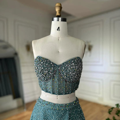 Luxury Dubai Customize Saudi Turquoise Two-Piece Evening Dress with High Split for Formal Occasion LA72786 - SERENE HILL