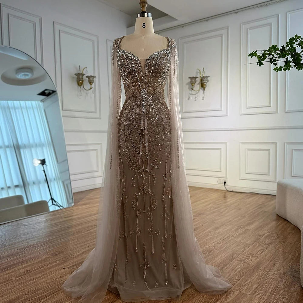 beige ball dress Champagne tulle beads high low prom dress, champagne evening dress –  dresstby main image 1