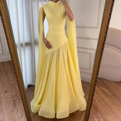Luxury Yellow High Neck A-Line Evening Dress with Cape Sleeves LA73097 - SERENE HILL