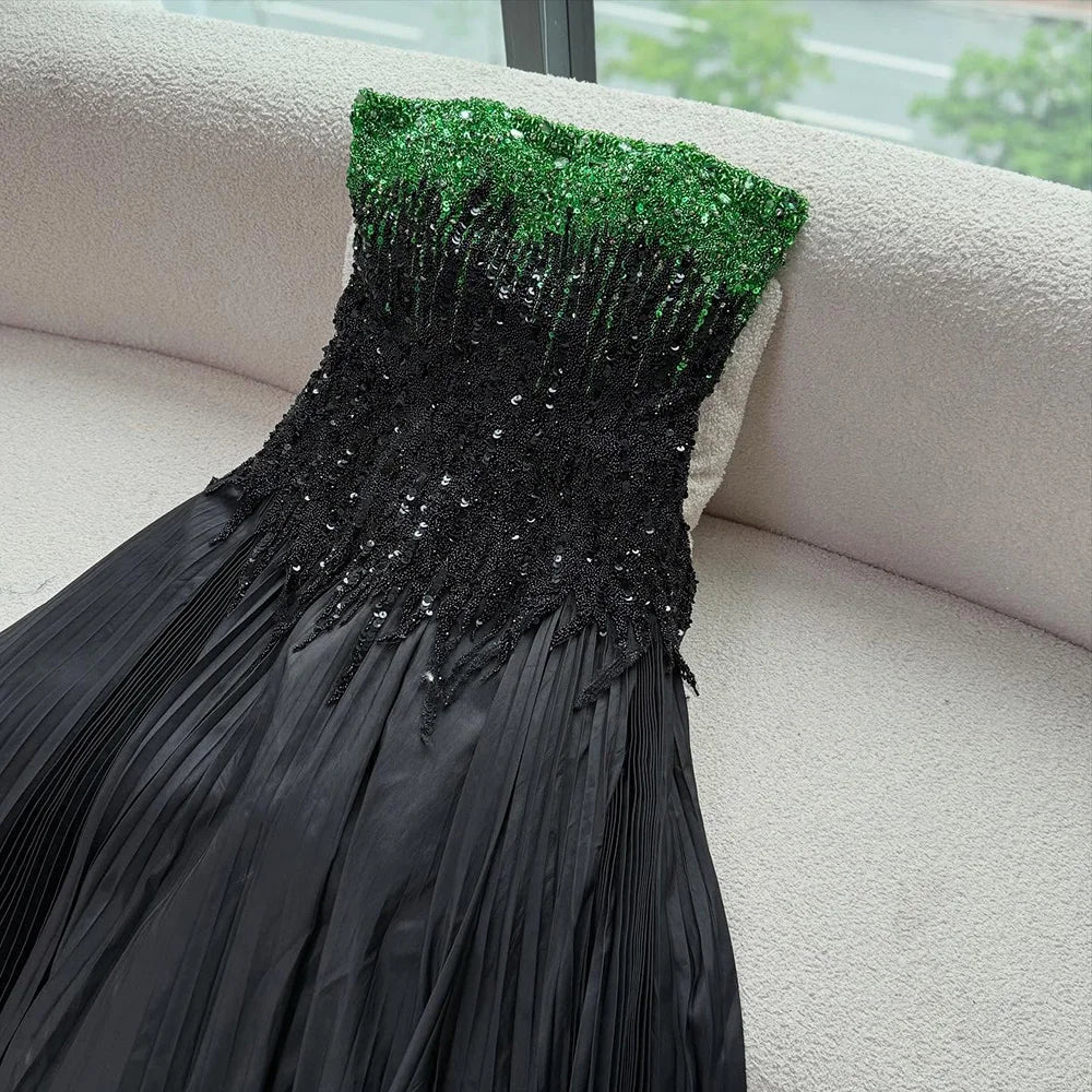 Luxury Beaded Black Green Off Shoulder Dubai Evening Dress for Party LA72406 - SERENE HILL