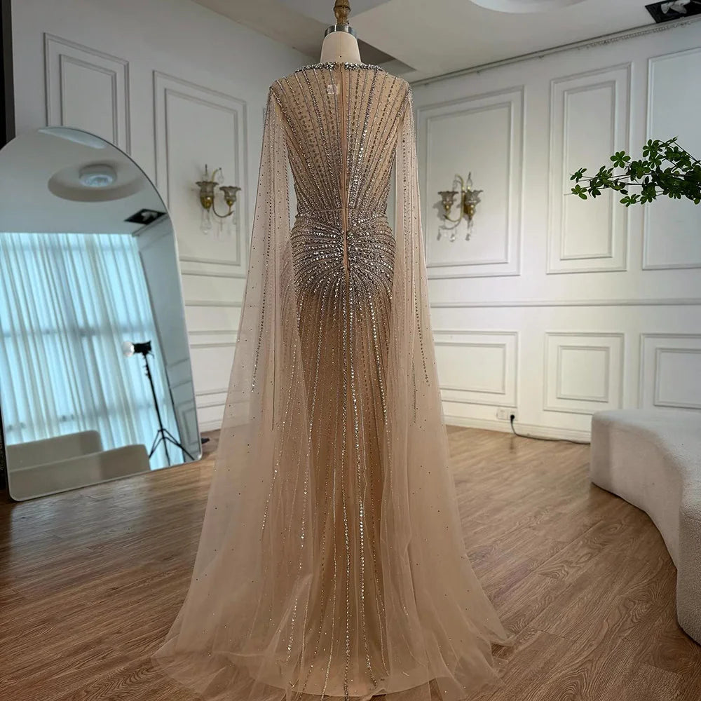 Luxury Nude Beaded Evening Dress with Cape Sleeves LA72575C - SERENE HILL