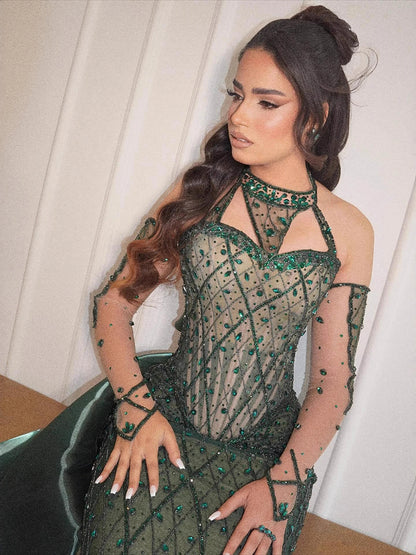 Luxury Green Halter Beaded Dubai Corset Evening Dress LA73322 - SERENE HILL