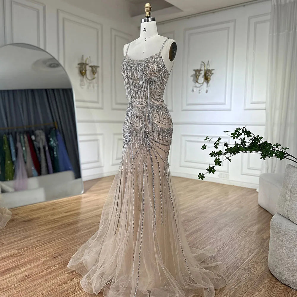 Luxury Nude Pink Crystal Tassel Mermaid Evening Dress LA72772 - SERENE HILL
