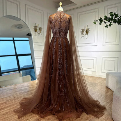 Luxury Brown Beaded Evening Gown with Cape Arabic Style LA72951 - SERENE HILL