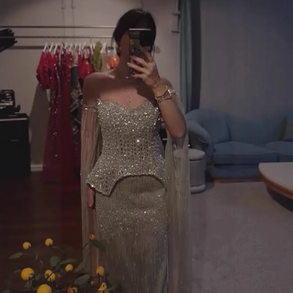 Luxury Gray Beaded Off-Shoulder Evening Dress with Cape Sleeves LA73076 - SERENE HILL