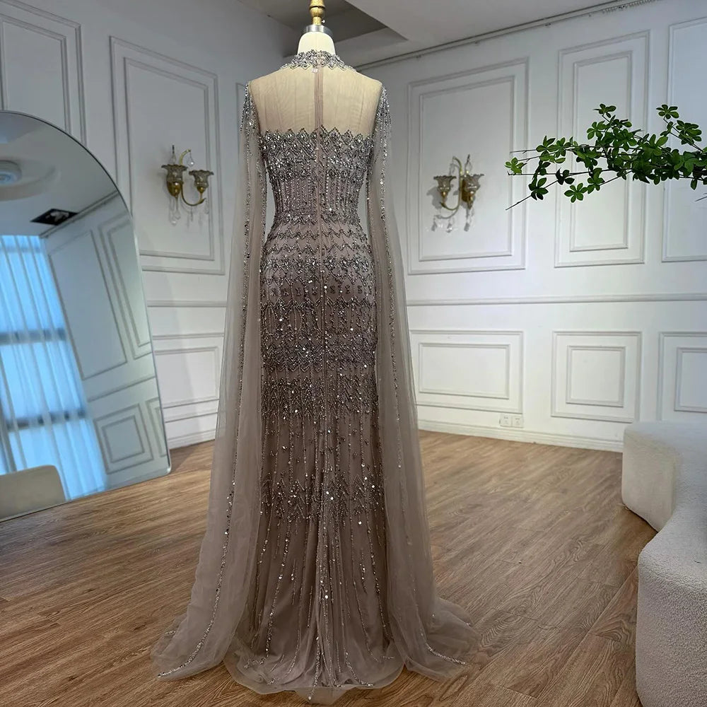 Luxury Nude Beaded Evening Dress with Long Cape Sleeves LA72714A - SERENE HILL
