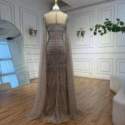 Luxury Nude Beaded Evening Dress with Long Cape Sleeves LA72714A - SERENE HILL