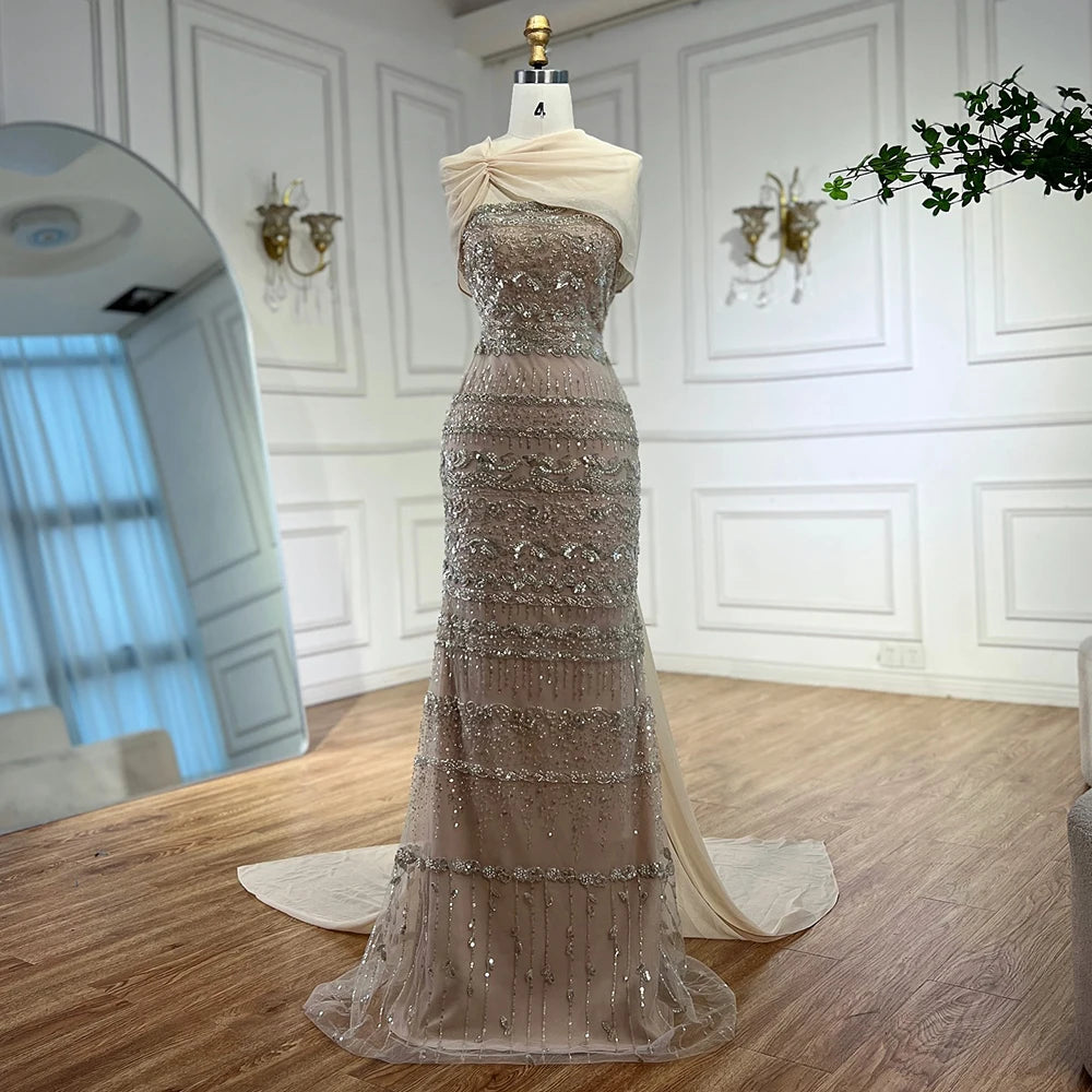 Luxury Sage Green Beaded Evening Dress with Cape LA72126B - SERENE HILL