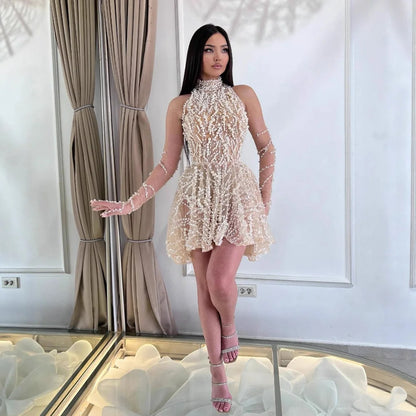 Arabic Nude Pearl Beaded High Neck Short Party Dress with Gloves LA72345D - SERENE HILL