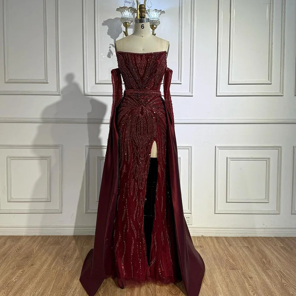 Luxury Wine Red Beaded Evening Dress Gown with Gloves and Overskirt LA72935 - SERENE HILL