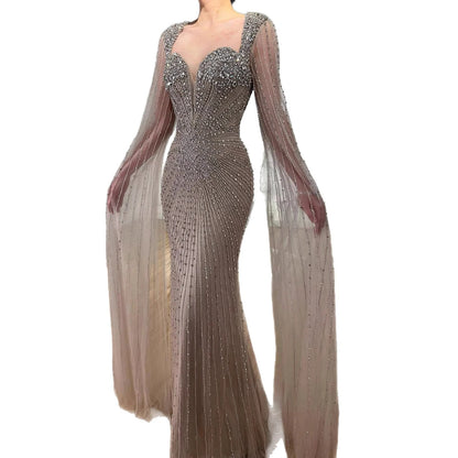Luxury Caramel Crystal Beaded Mermaid Evening Dress with Cape LA72575D - SERENE HILL