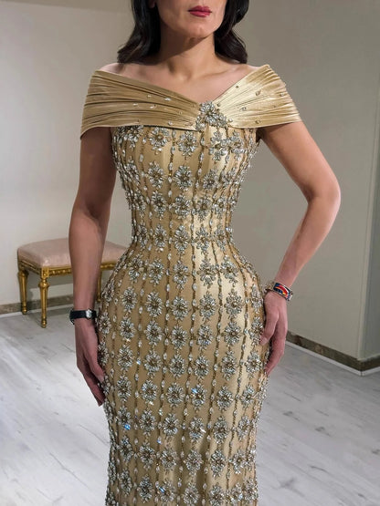 Luxury Gold Arabic Ruffles Evening Dress LA73362 - SERENE HILL