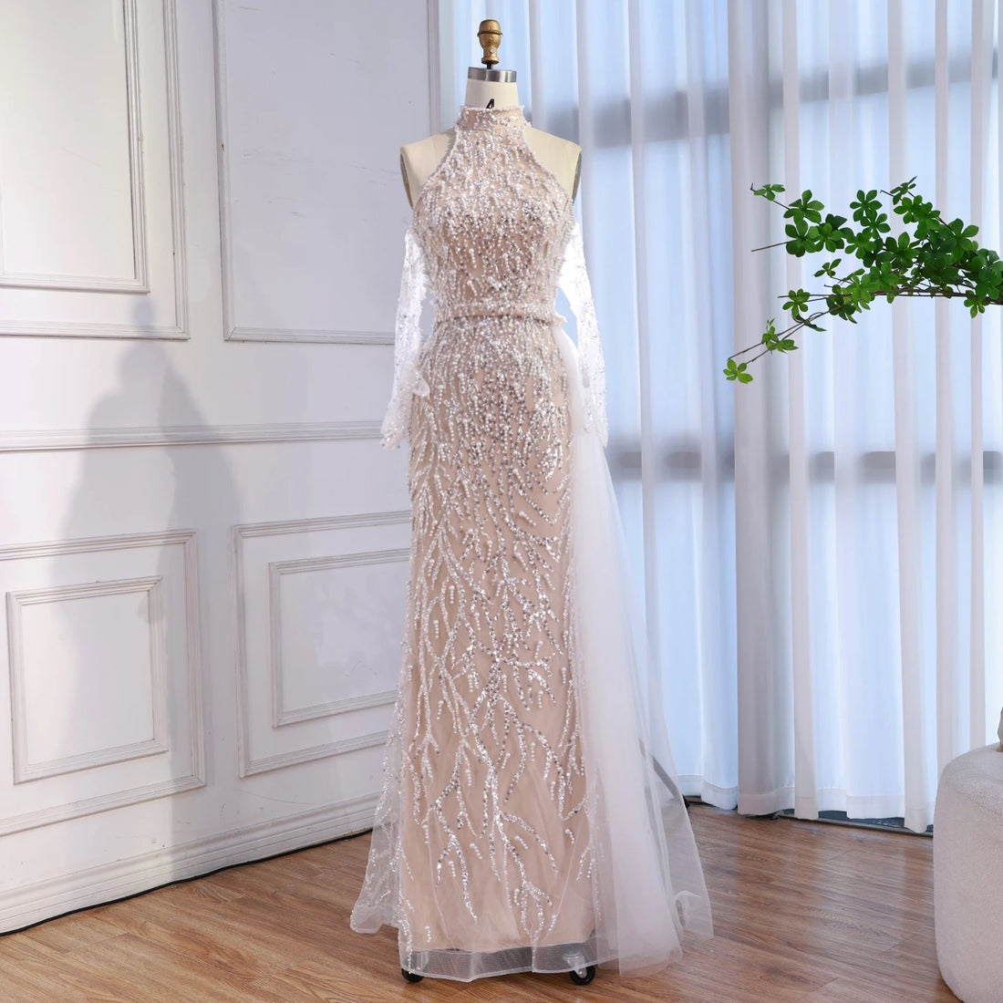 Luxury Lace Pearls Halter Mermaid Evening Dress With Glove White Nude LA72345F - SERENE HILL