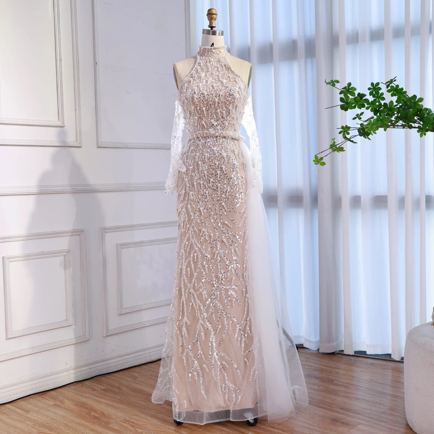 Luxury Lace Pearls Halter Mermaid Evening Dress With Glove White Nude LA72345F - SERENE HILL