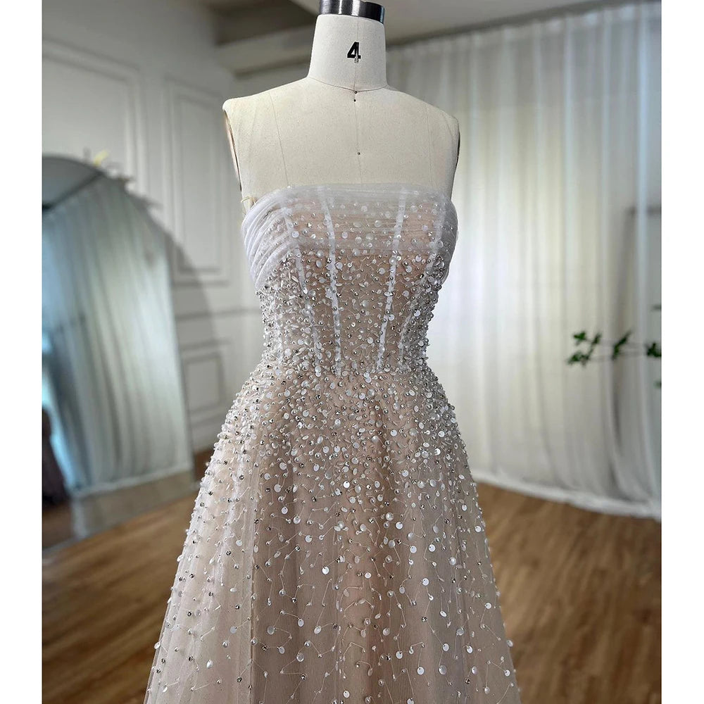Pearls White Nude Arabic Evening Dresses with Gloves LA72009 - SERENE HILL
