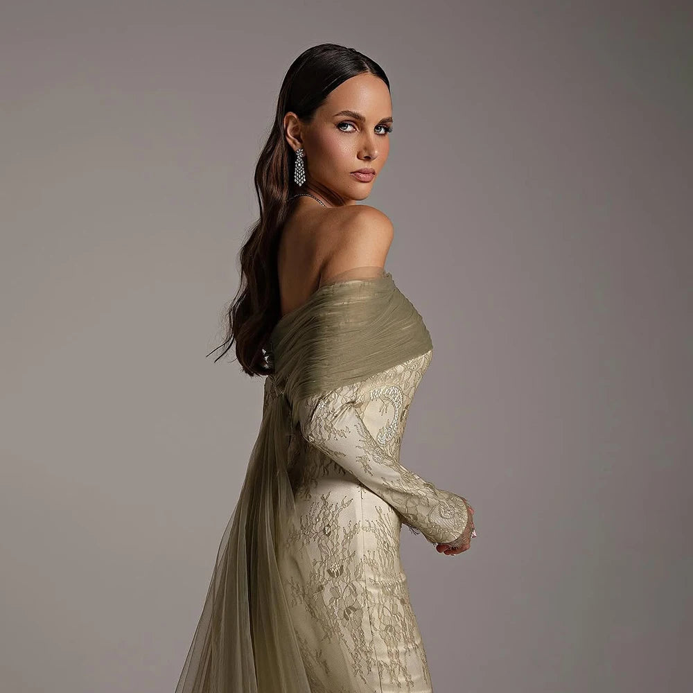 Elegant Olive Green Evening Dress with Lace Sleeves LA72942 - SERENE HILL