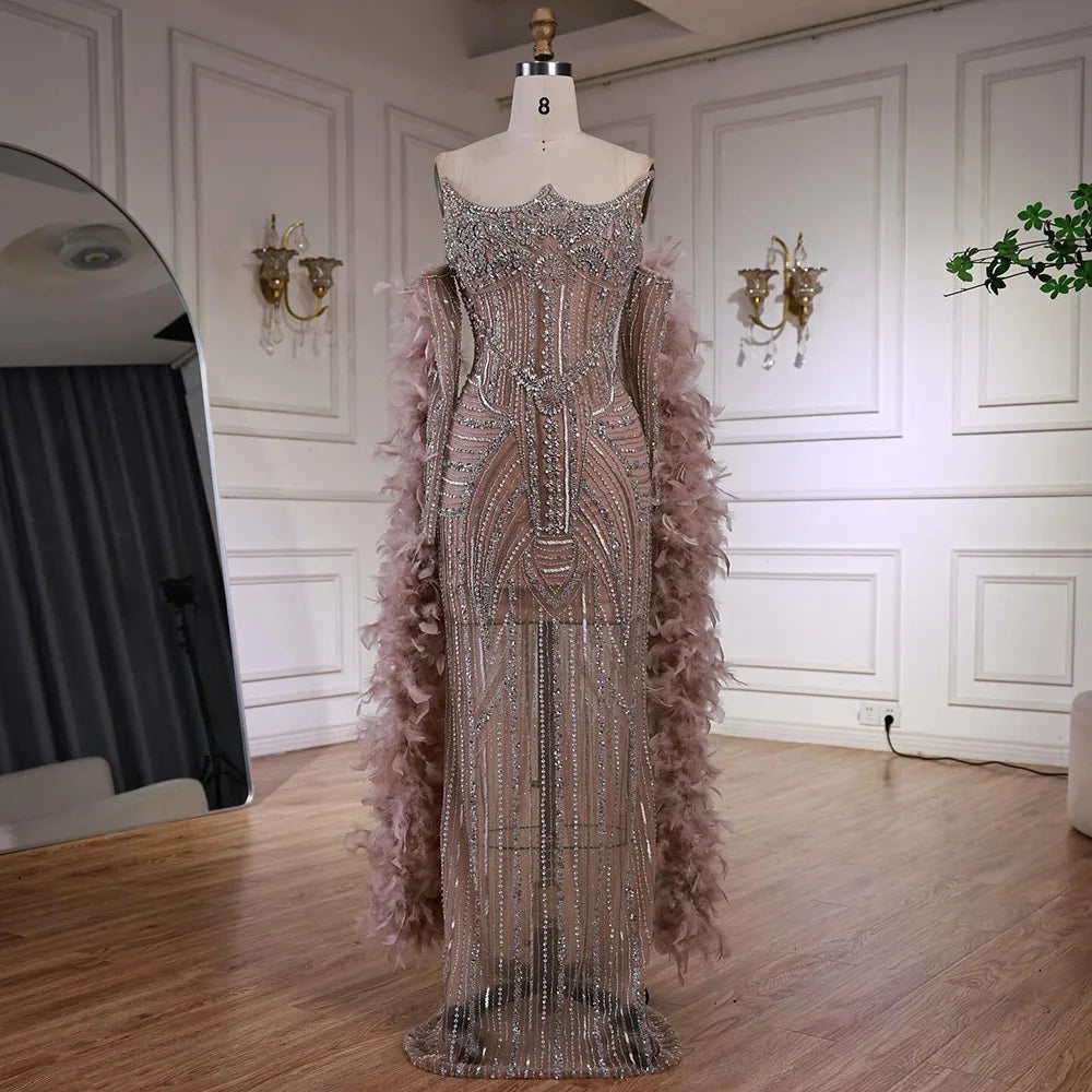 Luxury Caramel Beaded Evening Dress with Feather Sleeves LA73055 - SERENE HILL