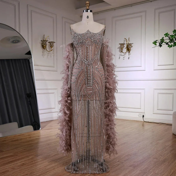 Luxury Caramel Beaded Evening Dress with Feather Sleeves LA73055