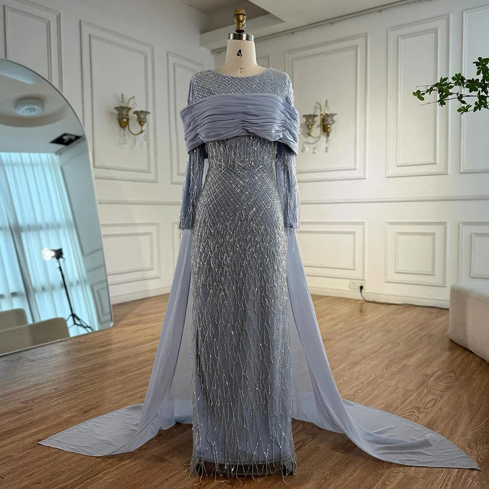 Arabic Blue Mermaid Evening Dress with Beaded Tassels LA72374A - SERENE HILL