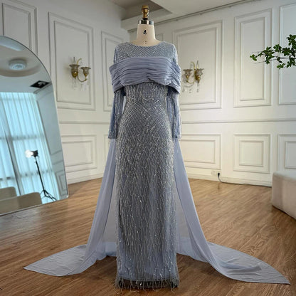 Arabic Blue Mermaid Evening Dress with Beaded Tassels LA72374A - SERENE HILL