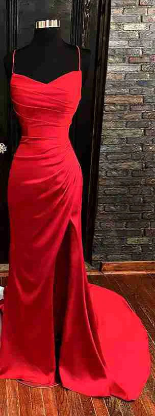 Serene Hill Arabic Red Elegant Spaghetti Strap Pleated Satin Prom Dress with Split for Women&