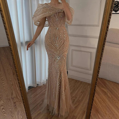 Luxury Silver Nude Off Shoulder Mermaid Evening Dress LA72878 - SERENE HILL
