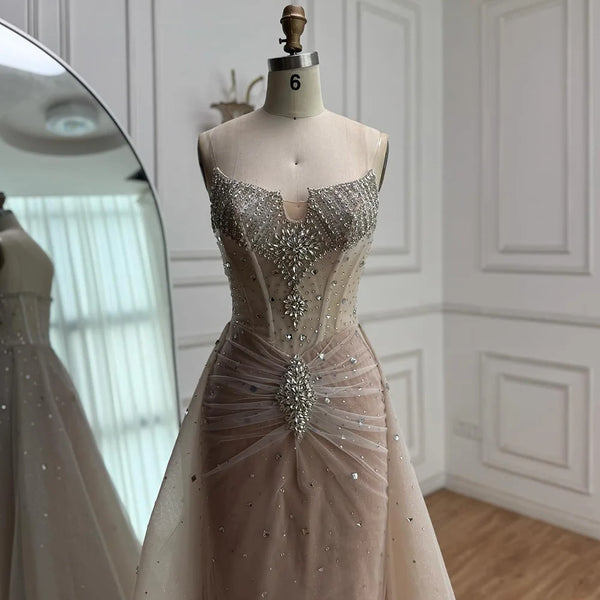 Luxury White Nude Beaded Evening Dress with Overskirt LA73107
