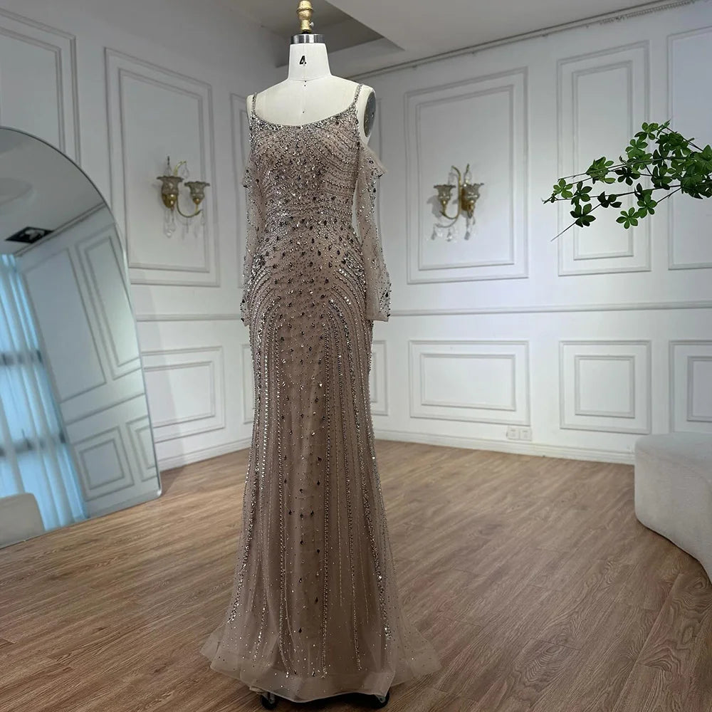 Luxury Nude Navy Blue Silver Beaded Evening Dress with Long Sleeves LA73120 - SERENE HILL