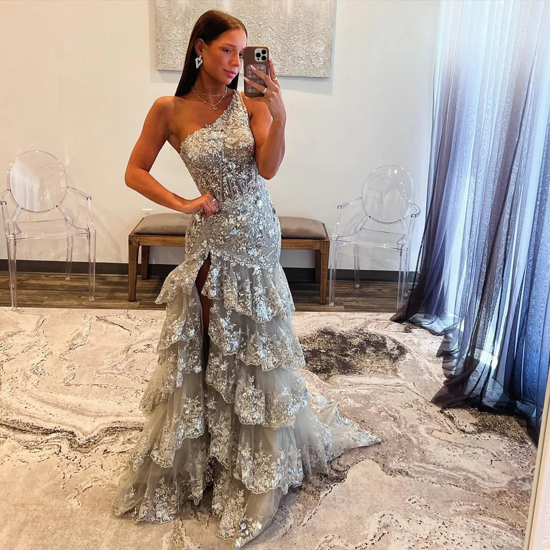 Luxury Silver Tiered Beaded One Shoulder Formal Evening Dress LA72593B - SERENE HILL