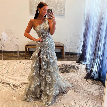 Luxury Silver Tiered Beaded One Shoulder Formal Evening Dress LA72593B - SERENE HILL
