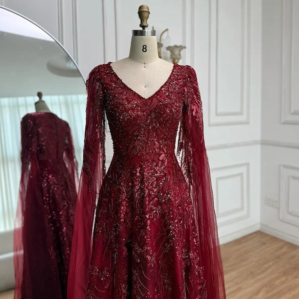 Luxury Wine Red A-Line Luxury Beaded Evening Dress with Cape LA73127