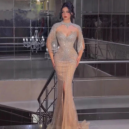 Nude Mermaid Evening Dress with Detachable High Neck Tassel LA72891A - SERENE HILL