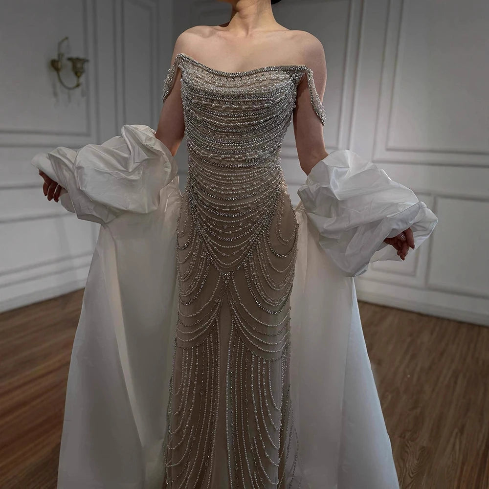 White Nude Beaded Mermaid Evening Dress with Satin Cape LA72253B - SERENE HILL