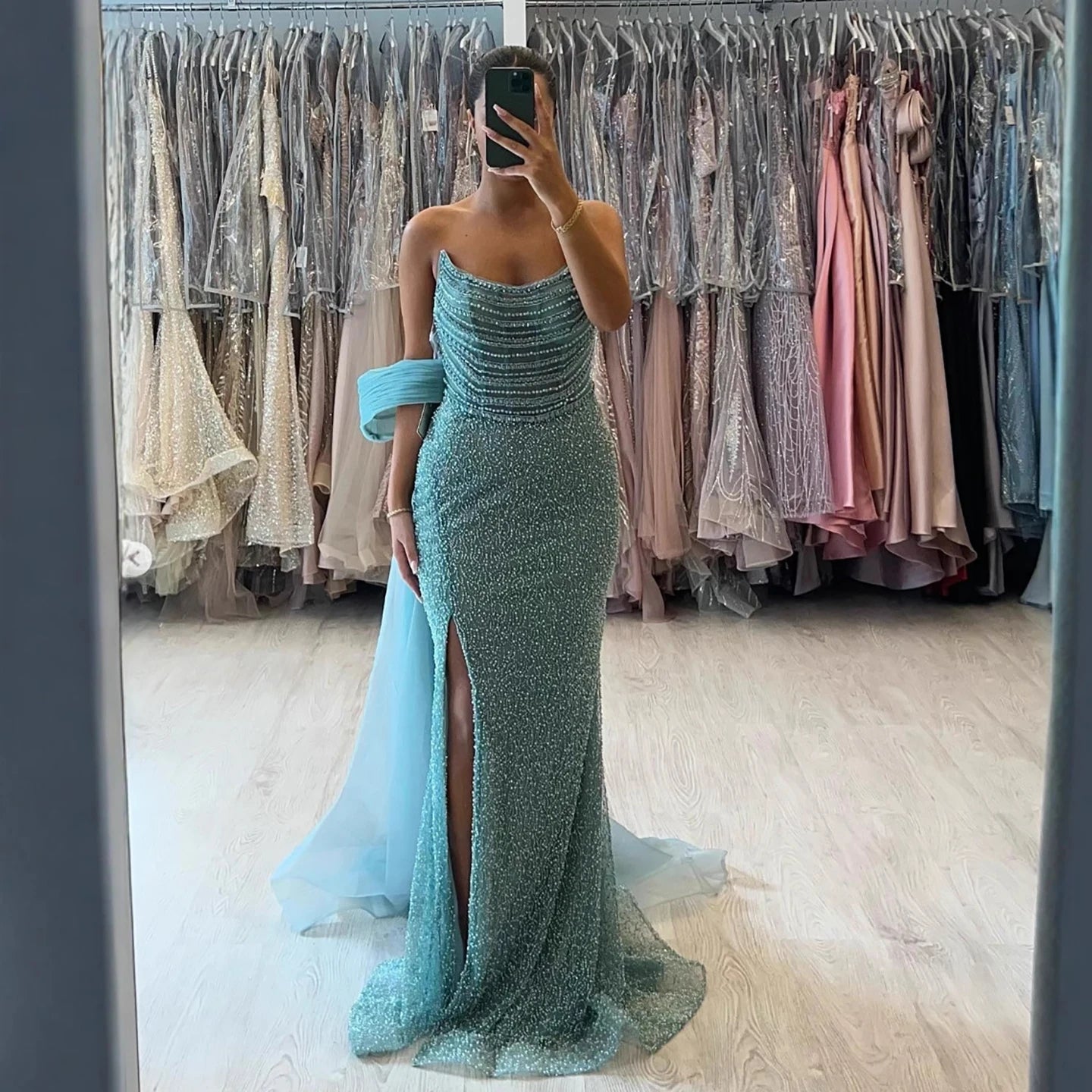 Luxury Evening Dress Nude BeadedSheath Gown With Tulle Train LA73388 - SERENE HILL