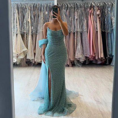 Luxury Evening Dress Nude BeadedSheath Gown With Tulle Train LA73388 - SERENE HILL